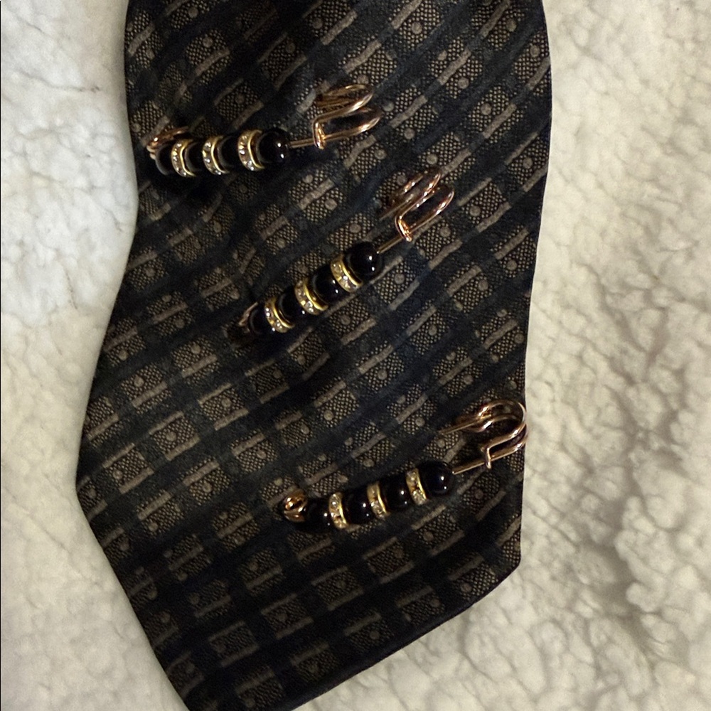 Black Patterned Tie Necklace with Crystal Tie Pin - Picture 3 of 3